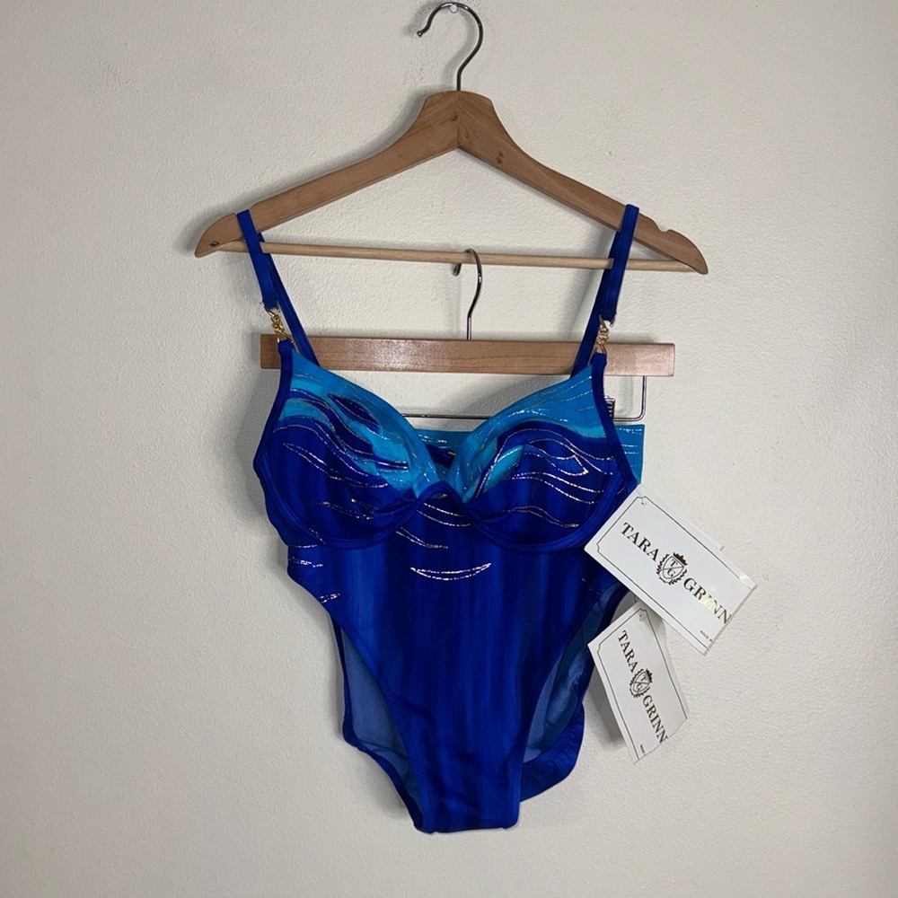 TARA GRINNA BLUE/TURQ/GOLD high waist bikini bottoms and padded top size 12 a/b